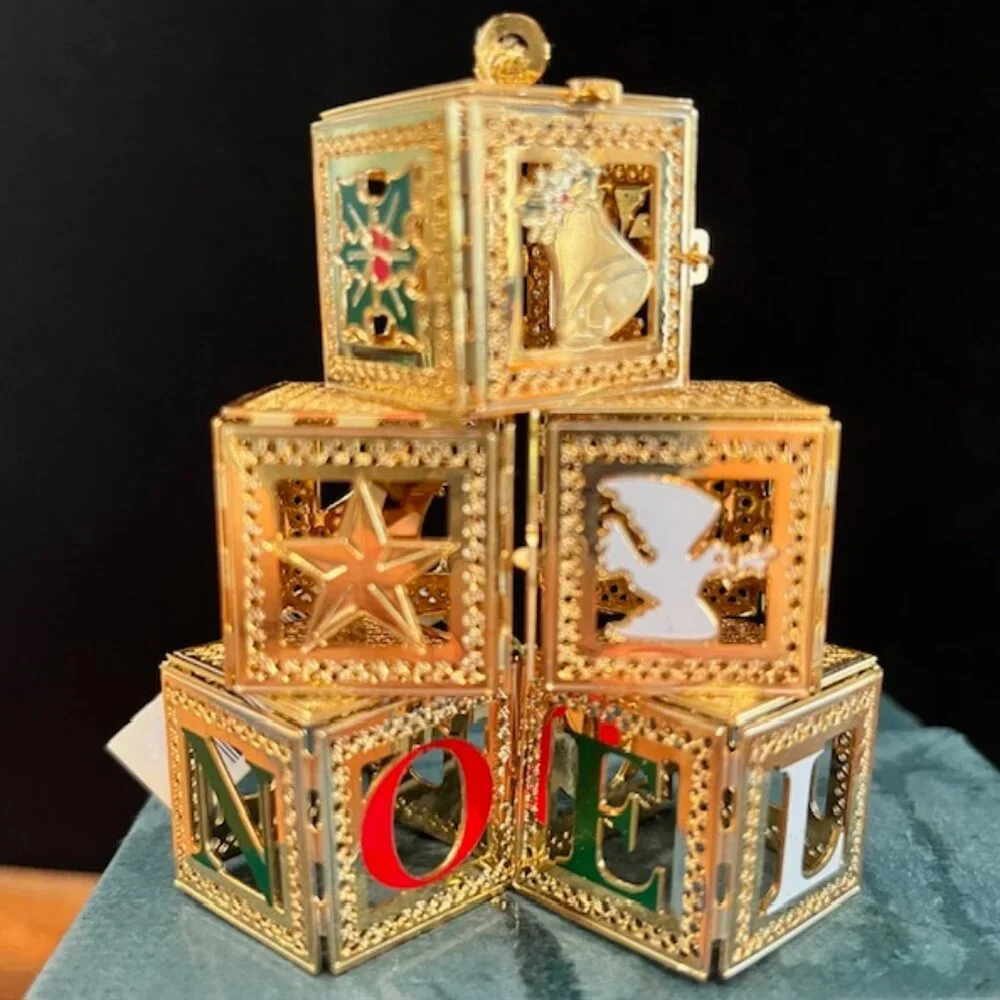 Baldwin 24kt Gold over Brass Noel Blocks Christmas Ornament Dove Holly Star